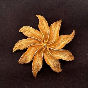 Vintage Har Gold Tone Brooch Poinsetta Flower Large Textured MCM 1960s